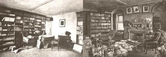 Fotografía (izquierda) y grabado (derecha) que muestran las estanterías del estudio del naturalista Charles Darwin - Imágenes de Darwin Online