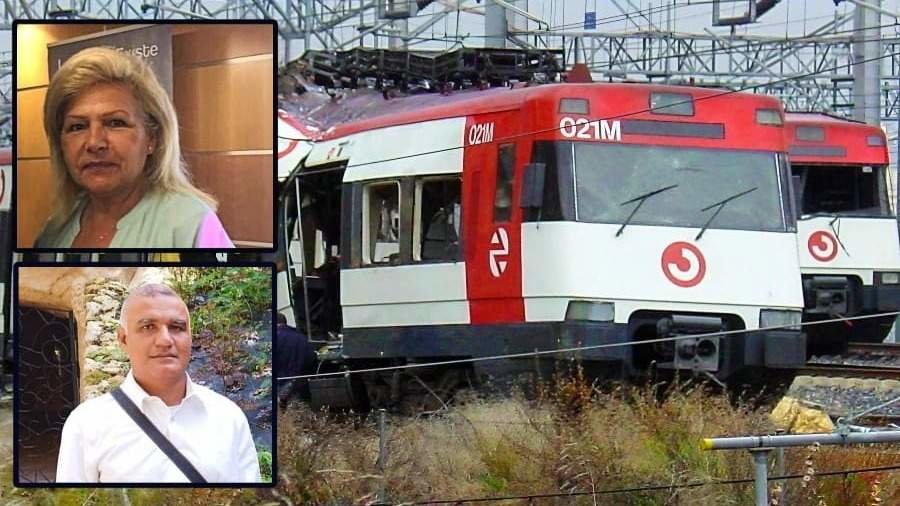 Las víctimas Ángeles Pedraza y Khuram Ahmed Choudhry con uno de los trenes del 11-M al fondo - Imagen de Servimedia